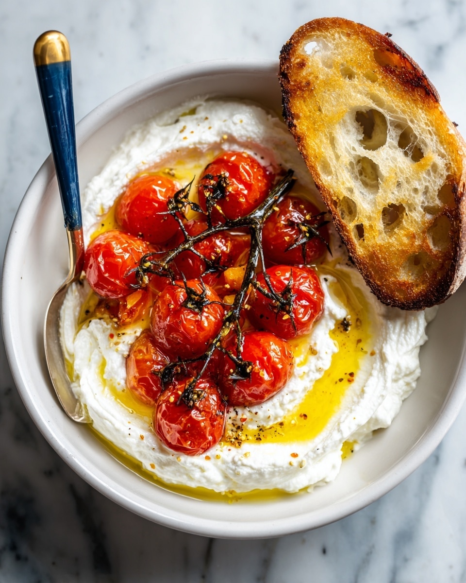 A white bowl holds three main layers starting from a base of soft, creamy white cheese spread thickly and unevenly, slightly swirled with golden olive oil pooling in parts. On top sits a cluster of small, bright red roasted cherry tomatoes still attached to their dark thin vine, some bursting and shiny, with hints of herbs adding specks of green. Resting on the right side is a piece of golden toasted bread with a crispy texture and small holes. A spoon with a blue handle and golden neck lies inside the bowl on the left among the cheese and tomatoes. The bowl is set on a surface with a white marbled texture. Photo taken with an iphone --ar 4:5 --v 7