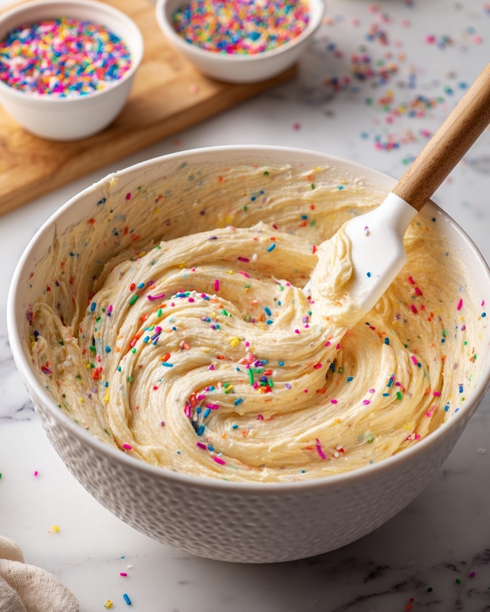 A large white textured bowl filled with thick, creamy light beige batter mixed with colorful rainbow sprinkles scattered throughout. A white spatula is resting in the batter, partially covered by it, showing swirls and a smooth texture. In the background, there is a small white bowl with more rainbow sprinkles on a white marbled surface, along with a wooden board slightly blurred. photo taken with an iphone --ar 4:5 --v 7