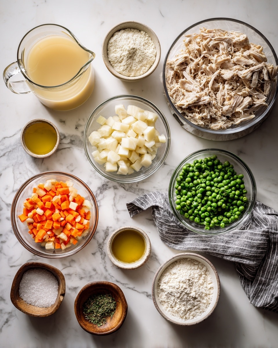 The image shows a top view of various ingredients arranged neatly on a white marbled surface. There are nine clear glass bowls, with one large bowl at the top right filled with shredded cooked chicken in light brown and beige tones, next to another at center left containing a mix of diced white onions and bright orange carrots. A third bowl just below the chicken has frozen green peas. A large pitcher at the top left holds a pale yellow broth. Smaller glass bowls contain white flour, light green herbs with cream powder, and a golden yellow liquid oil. Two small wooden bowls hold salt and chopped garlic. A white bowl of melted butter and a ceramic bowl with flour and herbs are near the bottom right. A striped gray cloth runs under some bowls in the center. The overall scene looks clean and organized, with natural light casting soft shadows. photo taken with an iphone --ar 4:5 --v 7