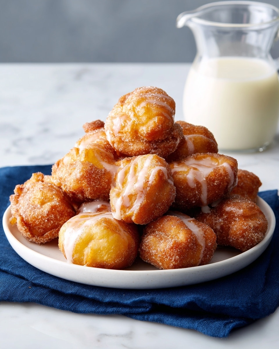 A white plate is filled with a pile of golden brown fried dough pieces, each with a slightly crispy texture and a dusting of cinnamon. Some pieces are drizzled with a light glaze that looks slightly shiny and smooth, adding a touch of sweetness. The fried dough pieces are irregular in shape and stacked loosely, showing variations in color from deep golden brown to lighter yellow tones. The plate sits on a dark blue cloth over a white marbled surface. In the background, there is a clear glass pitcher filled with a creamy white liquid, slightly blurred to keep focus on the fried dough. Photo taken with an iphone --ar 4:5 --v 7