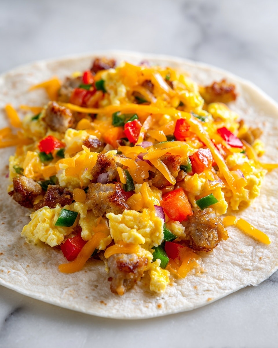 A close-up of a layered breakfast wrap filling placed on a white tortilla. The filling has several visible layers: yellow scrambled eggs with a fluffy texture form the base, mixed with small chunks of light brown cooked sausage. Bright orange shredded cheese melts over the eggs and sausage, adding a creamy layer. There are small pieces of diced red and green bell peppers spread throughout, adding pops of color and freshness. The filling looks moist and warm, sitting directly on the flat, soft white tortilla with a subtle textured surface. The background is a white marbled texture photo taken with an iphone --ar 4:5 --v 7