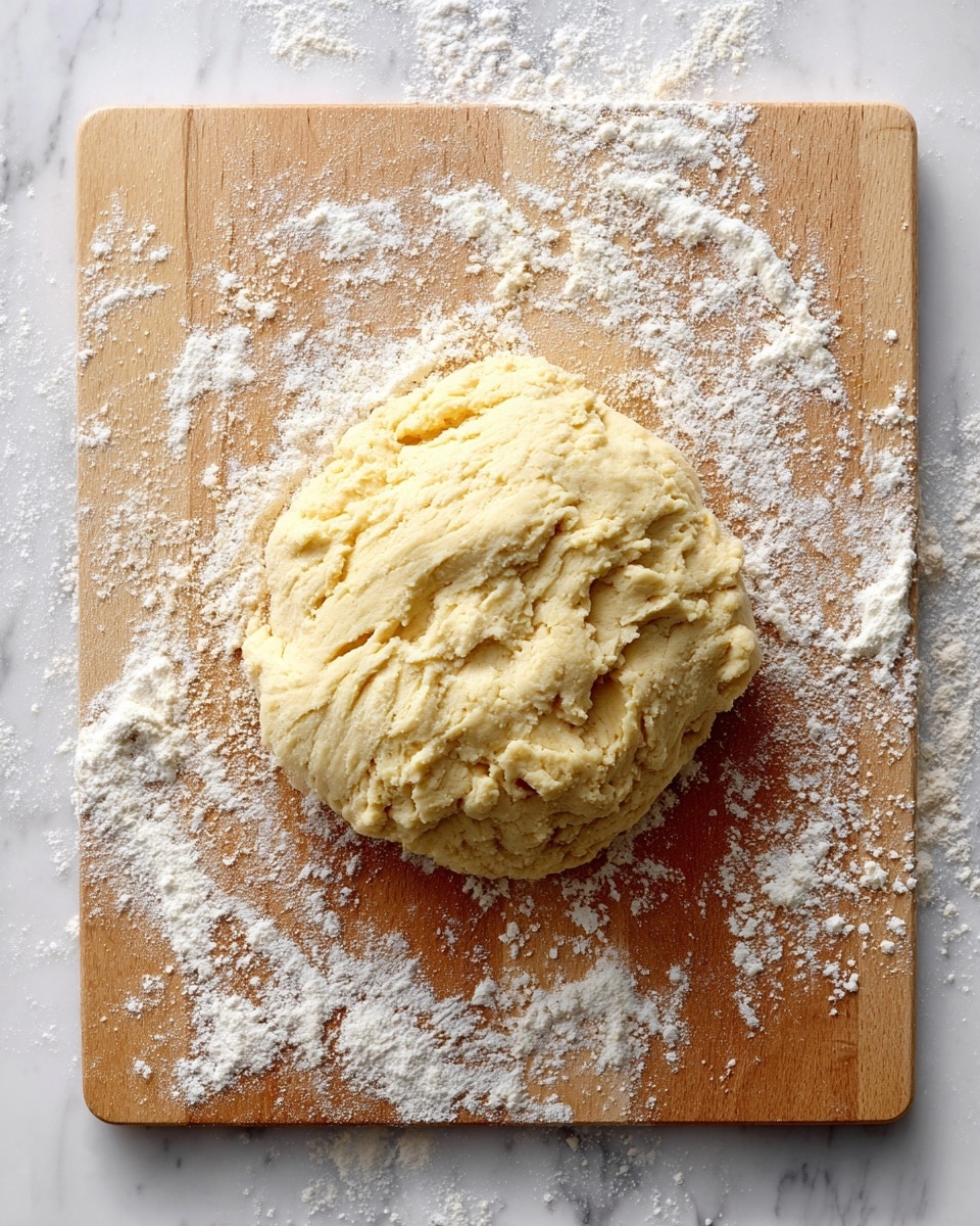 A soft, pale yellow dough sits in the middle of a light wooden board with scattered white flour around it, showing its sticky texture and uneven edges. The dough looks thick and slightly rough, with a few small bumps and folds on the surface. The wooden board is on a white marbled background, adding a clean and bright look to the image. photo taken with an iphone --ar 4:5 --v 7