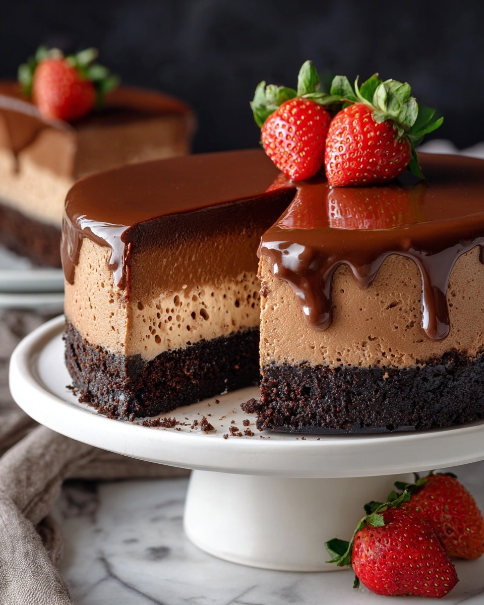 This image shows a chocolate cake with three visible layers on a white cake stand placed on a white marbled surface. The bottom layer is dark, crumbly, and looks like a cookie crust. The middle layer is thick, creamy, and light brown with small air holes inside, showing a mousse-like texture. The top layer is a smooth, shiny chocolate glaze covering the entire cake, dripping slightly down the sides. A single fresh strawberry with green leaves sits on top of the cake near a slice that is removed, and three more strawberries rest beside the cake on the cake stand. The background is dark, making the cake stand out. Photo taken with an iphone --ar 4:5 --v 7