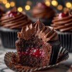 Black Velvet Cupcakes with Cherry Pie Filling and Chocolate Drip Frosting Recipe