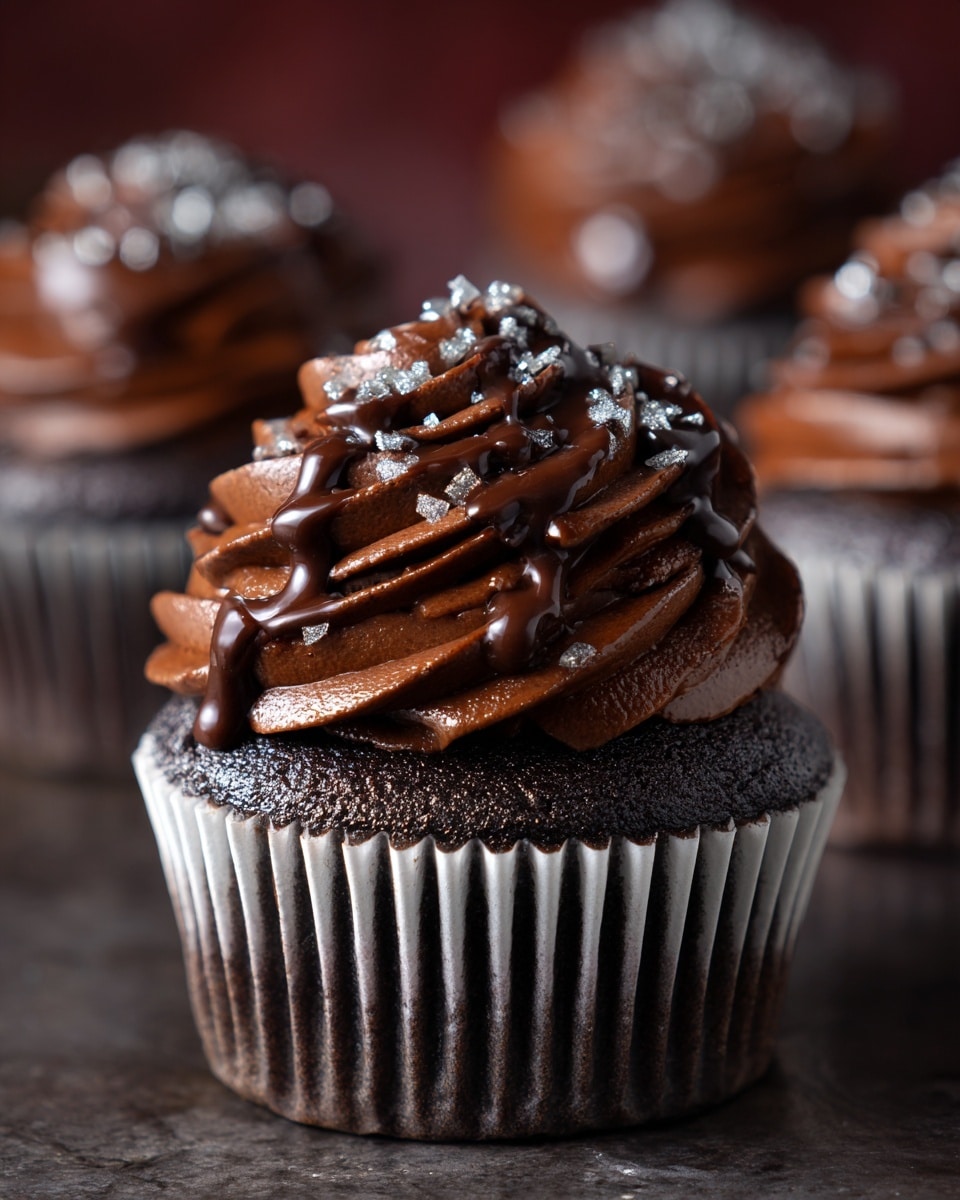 A close-up view of a single dark chocolate cupcake in a white paper liner stands centered, topped with two layers of ruffled, thick chocolate frosting in a rich brown shade, with a glossy, slightly soft dark chocolate drizzle flowing unevenly over the frosting. Tiny silver rectangular sprinkles are scattered on top, reflecting light. The background has several blurred cupcakes with similar chocolate frosting and drizzle, placed on a dark surface, against a deep red blurred backdrop. photo taken with an iphone --ar 4:5 --v 7