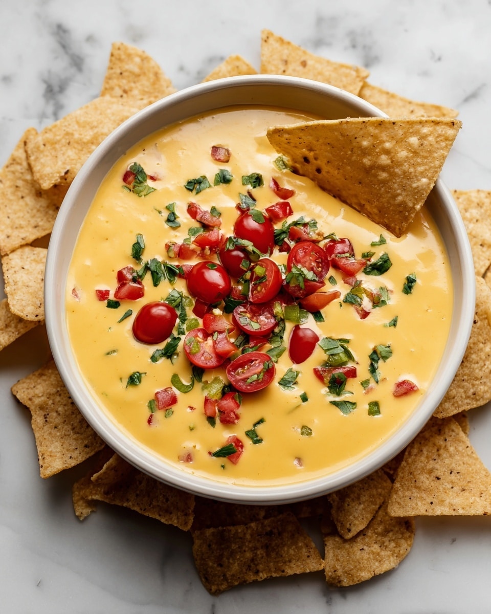 A white bowl is filled with a smooth, thick, bright yellow cheese dip. On top of the cheese dip, there are chopped red cherry tomatoes, small green pieces of peppers, and fresh green herbs scattered evenly. A single light-colored tortilla chip is placed standing upright inside the dip near the edge of the bowl. The bowl rests on a white marbled surface with more tortilla chips around it. Photo taken with an iphone --ar 4:5 --v 7
