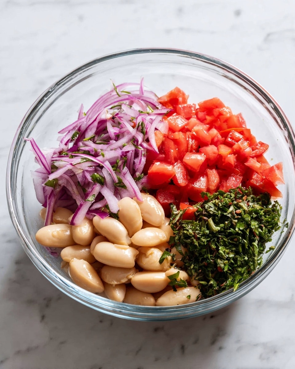 In a clear glass bowl set on a white marbled surface, there are four separate groups of ingredients arranged evenly. The top left section shows thinly sliced purple onions mixed with small green herbs, giving it a vibrant, fresh look. The top right section holds bright red diced tomatoes with a shiny, juicy texture. The bottom left section has large, smooth, light beige beans that look soft and plump. The bottom right section contains finely chopped dark green herbs, giving a fresh contrast. The bowl is viewed from above with soft natural light highlighting each element's colors and textures clearly. Photo taken with an iphone --ar 4:5 --v 7