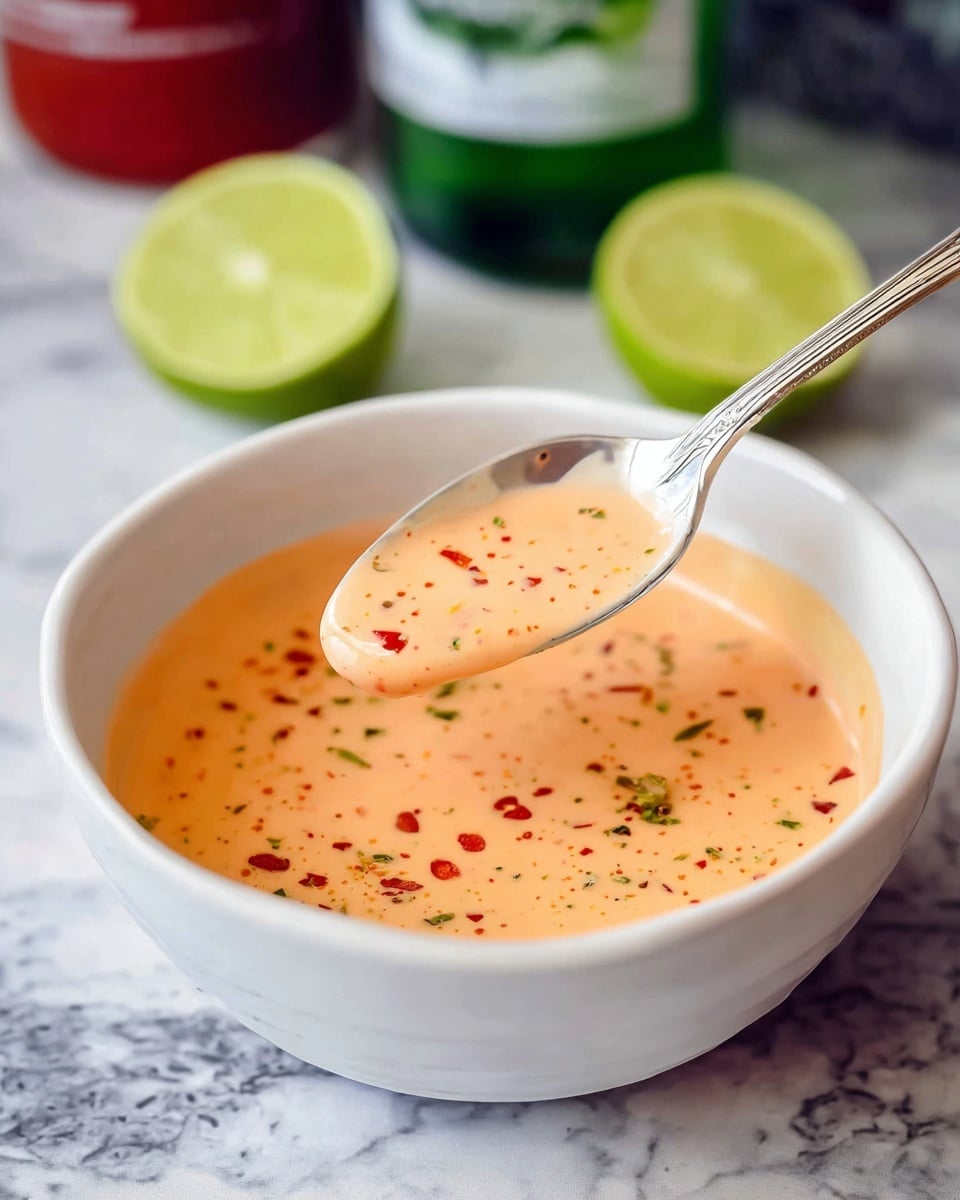 A white bowl filled with a creamy light orange sauce with small red and green spice bits scattered on top, a silver spoon lifting some sauce showing its smooth texture and colorful specks. In the background, two lime halves are placed near the bowl on a white marbled surface, along with some green and red bottles blurred out, creating a fresh and vibrant setting. The bowl and spoon are sharply focused, with the sauce looking thick and rich. Photo taken with an iphone --ar 4:5 --v 7