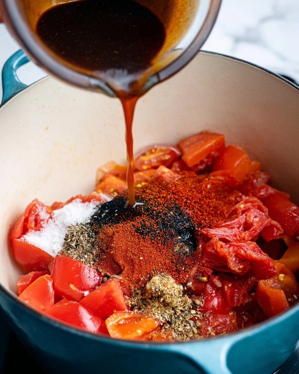 In a white pot with a blue handle, there are several layers of ingredients: at the base, broken pieces of red and orange cooked tomatoes with soft textures; on top of this are small piles of black pepper and bright red chili powder with a coarse texture; white salt crystals are scattered on one side; from above, a dark brown thick sauce is being poured into the pot from a cup held by a woman's hand, creating a thin stream. The background is a white marbled surface photo taken with an iphone --ar 4:5 --v 7