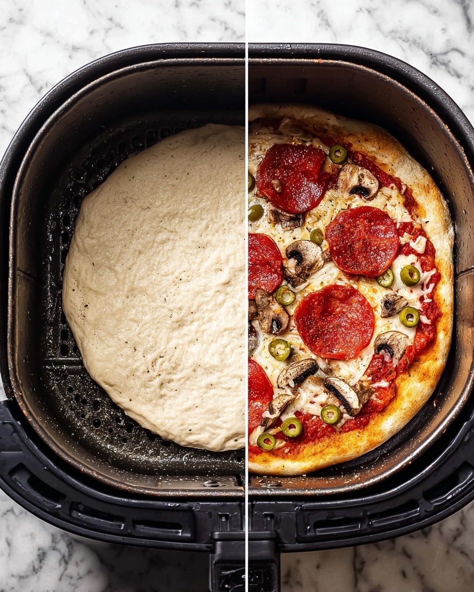 The image shows two stages of cooking a pizza inside a dark air fryer basket. On the left side, there is one plain raw pizza dough layer, rough in texture and light cream in color, positioned flat on the basket surface. On the right side, the cooked pizza dough is thicker and puffed with a golden brown crust forming around the edges, topped with a tomato red sauce base visible under several layers: dark red pepperoni slices, cream-colored mushroom slices, small green olive rings, and bits of pale meat. The layers are evenly spread on the pizza inside the same basket. The background is a white marbled texture. Photo taken with an iphone --ar 4:5 --v 7
