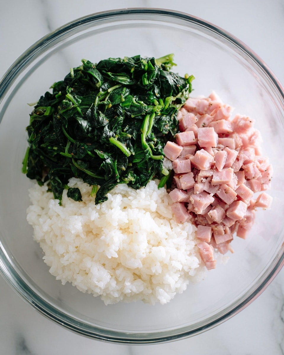 A clear glass bowl contains three distinct layers arranged side by side: on the bottom, there is a soft bed of white rice with a slightly sticky texture; on the left side, a portion of cooked dark green spinach with a glossy, slightly wilted appearance; and on the right side, small diced pieces of pink ham with a smooth texture. The bowl is placed on a white marbled surface. photo taken with an iphone --ar 4:5 --v 7
