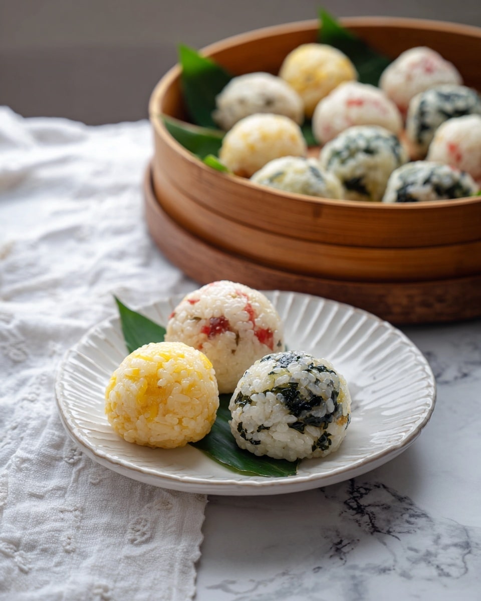The image shows a white plate with three rice balls, each having a round shape and different colors. The left rice ball is light yellow with a smooth texture from the grains packed tightly. The middle rice ball has white rice mixed with small red and brown bits, giving it a speckled look. The right rice ball is white rice mixed with dark green leafy bits, creating a patchy green and white pattern. In the background, there is a wooden bowl filled with more rice balls in rows, featuring the same three color types, separated by green leaves for contrast. The whole setup is placed on a white marbled surface with a white cloth underneath. Photo taken with an iphone --ar 4:5 --v 7