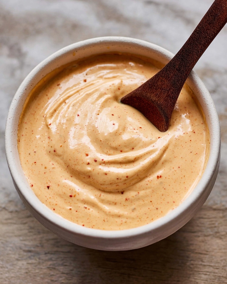 A close-up of a smooth, creamy sauce in a white bowl showing one thick layer of light orange color with tiny red specks evenly spread. A dark brown wooden spoon is partially inside the bowl, blending into the sauce with a soft texture and gentle swirls made by the spoon. The bowl is sitting on a white marbled surface that contrasts with the sauce and wooden spoon. photo taken with an iphone --ar 4:5 --v 7