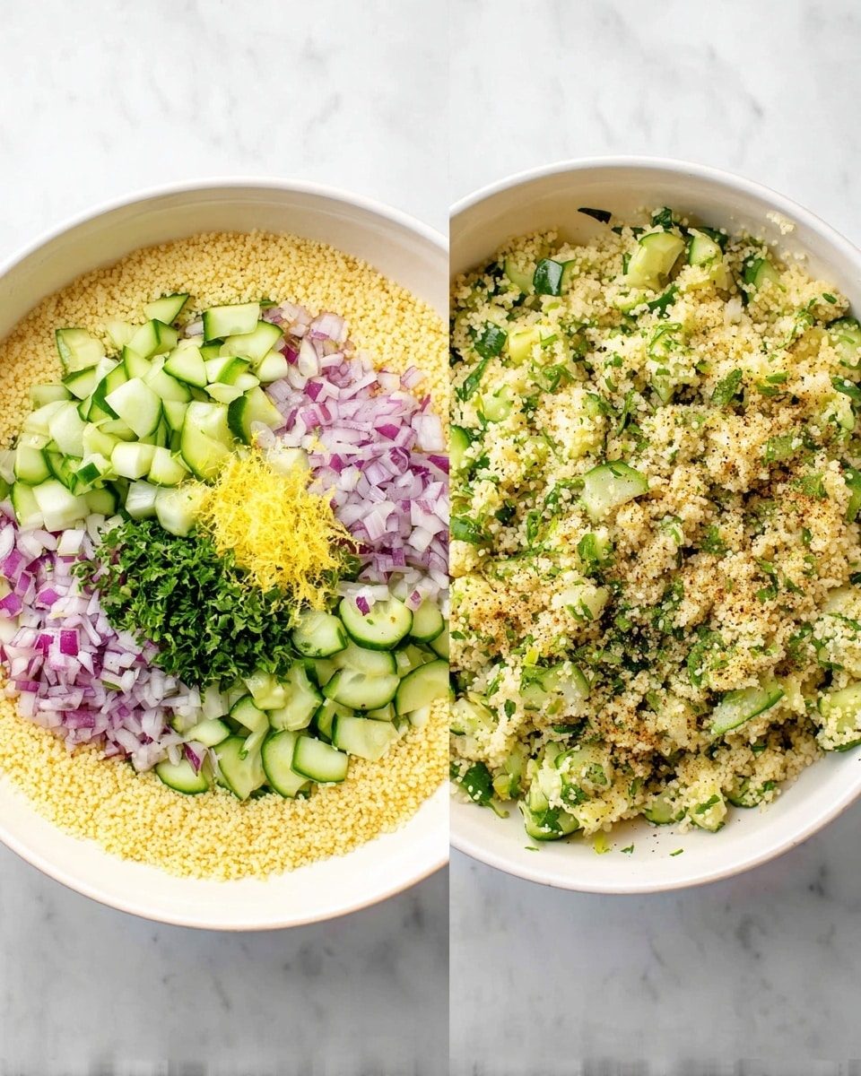 The image shows two white bowls on a white marbled surface, each filled with couscous salad. The left bowl has layers of small yellow couscous spread at the base, topped with five sections of chopped green cucumber, finely chopped green herbs, grated yellow lemon zest, finely chopped purple red onion, and more chopped green herbs arranged in a circular pattern. The right bowl contains the same couscous mixed with the chopped cucumber and herbs, creating a textured mix of yellow, green, and bits of purple, sprinkled with some black pepper on top. Photo taken with an iphone --ar 4:5 --v 7