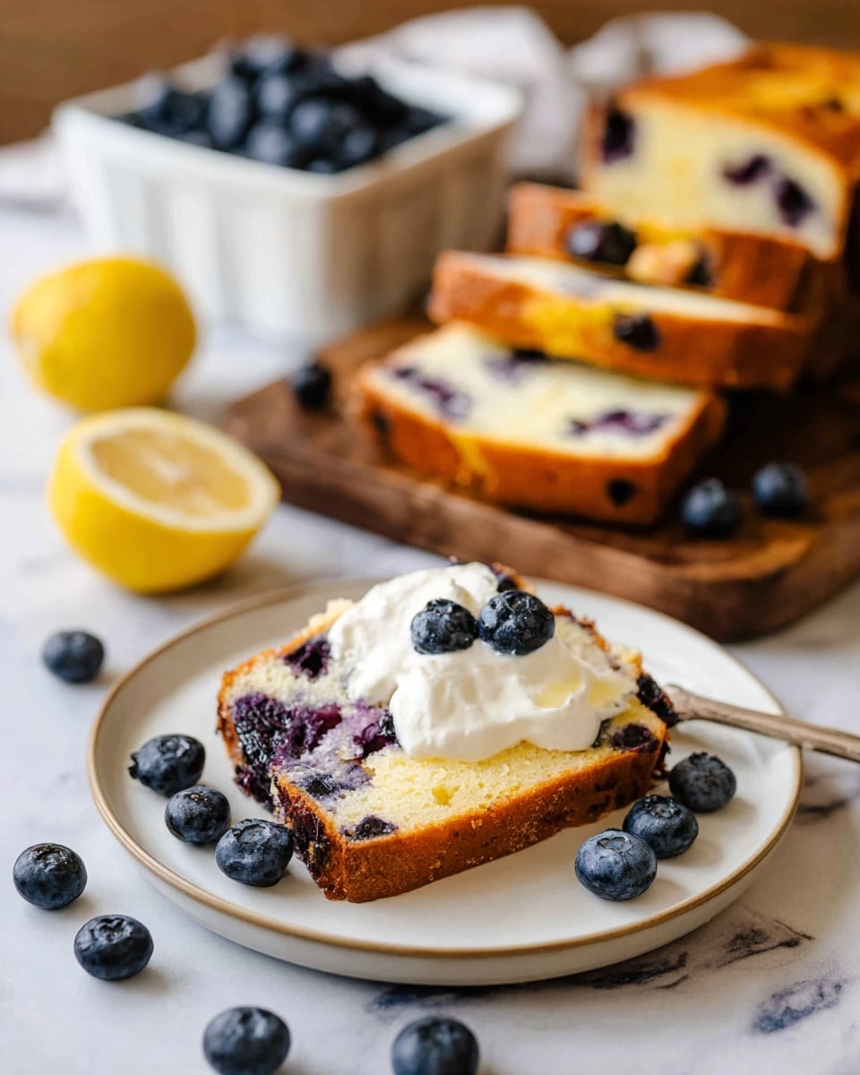 A white plate holds one slice of blueberry cake with visible dark blueberries inside and a golden brown crust. On top of the slice is a generous dollop of white cream, and fresh blueberries are placed around the slice on the plate. In the background, a wooden board has several more slices of blueberry cake stacked, showing a light yellow inside with dark blueberries, along with a whole loaf of the same cake. A half lemon and a white container of blueberries are also visible, all set on a white marbled surface. Photo taken with an iphone --ar 4:5 --v 7