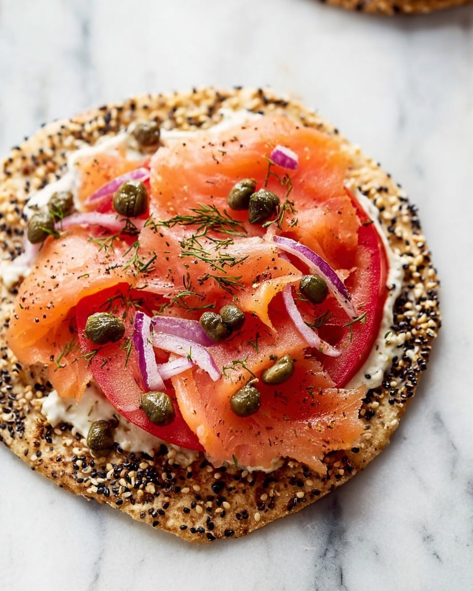 A round flatbread topped with a mix of sesame and black seeds around the edges forms the base. On top, thin layers of creamy white spread with small pieces of purple onion are visible. A bright red tomato slice lies above the onions, covered partially by delicate, folded slices of light pink smoked salmon sprinkled with tiny green dill leaves. Small dark green capers are scattered over the salmon and tomato, adding a pop of color and texture. The flatbread sits on a white marbled surface. Photo taken with an iphone --ar 4:5 --v 7