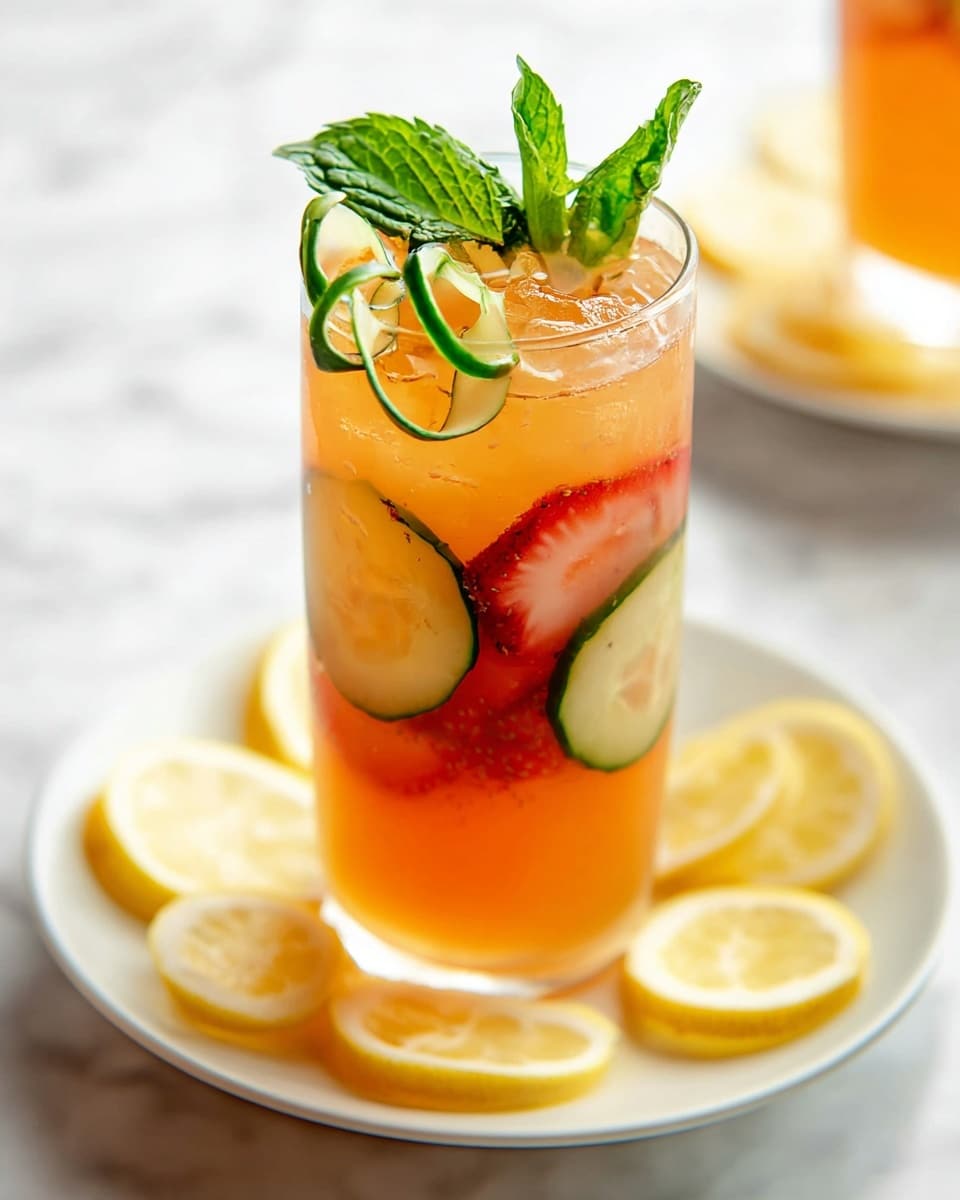 A tall clear glass filled with light orange iced drink with visible ice cubes, sliced cucumbers, and sliced red strawberries layered inside. On top, a twist of thin green cucumber peel and fresh green mint leaves add detail, with a small lemon wedge partially visible behind the mint. The glass is placed on a white plate with several lemon wedges around the base, all set on a white marbled surface. Photo taken with an iphone --ar 4:5 --v 7