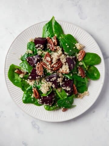 Quinoa and Baked Beet Salad with Crispy Vegan Candied Pecans Recipe