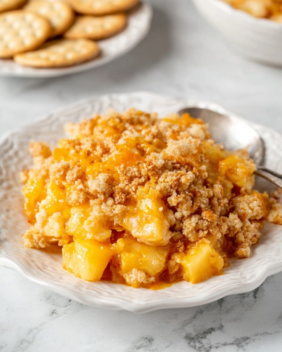 A white scalloped plate holds a dish made of chunky yellow pineapple pieces mixed with melted orange cheddar cheese. On top, there is a thick layer of crumbly brown streusel topping with a slightly rough texture. Behind the plate, on a white marbled surface, a white plate with round plain crackers is slightly out of focus. The scene is bright and soft with the food filling most of the frame. A silver spoon rests on the right edge of the plate. Photo taken with an iphone --ar 4:5 --v 7