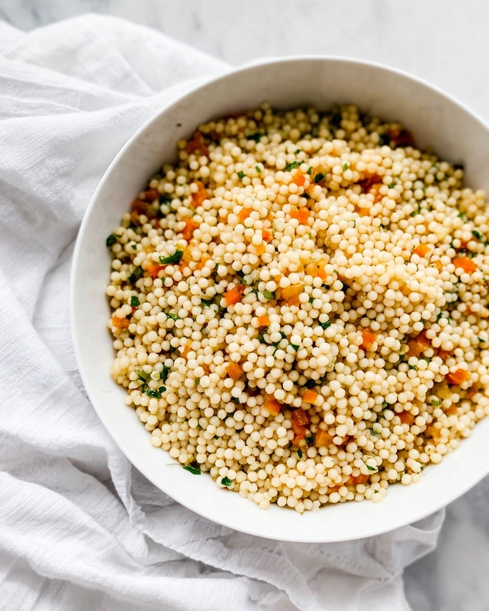 A white bowl filled with small, round, pearl-like couscous grains that are light beige in color, mixed with small pieces of orange bell pepper and specks of chopped green herbs, all evenly distributed throughout the dish. The bowl sits on a crumpled white cloth with a white marbled surface underneath, creating a clean and bright background. The texture of the couscous looks fluffy and slightly moist, with a soft and natural appearance. photo taken with an iphone --ar 4:5 --v 7