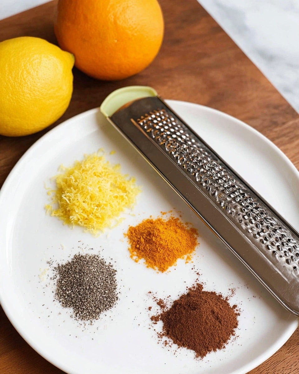 A plain white plate holds four small piles of spices and zest, arranged in a rough square. Starting from the top left, there is a light yellow pile of lemon zest, below it an orange pile of orange zest. To the top right of the lemon zest is a small pile of coarse, dark gray salt and pepper mix, and below it is a larger heap of brown cinnamon powder. Resting across the plate diagonally from the top right corner to the bottom left edge is a long metal grater with a gray and green handle. Two whole citrus fruits, one lemon and one orange, sit on the wooden table beside the plate. The background is changed to a white marbled surface. Photo taken with an iphone --ar 4:5 --v 7