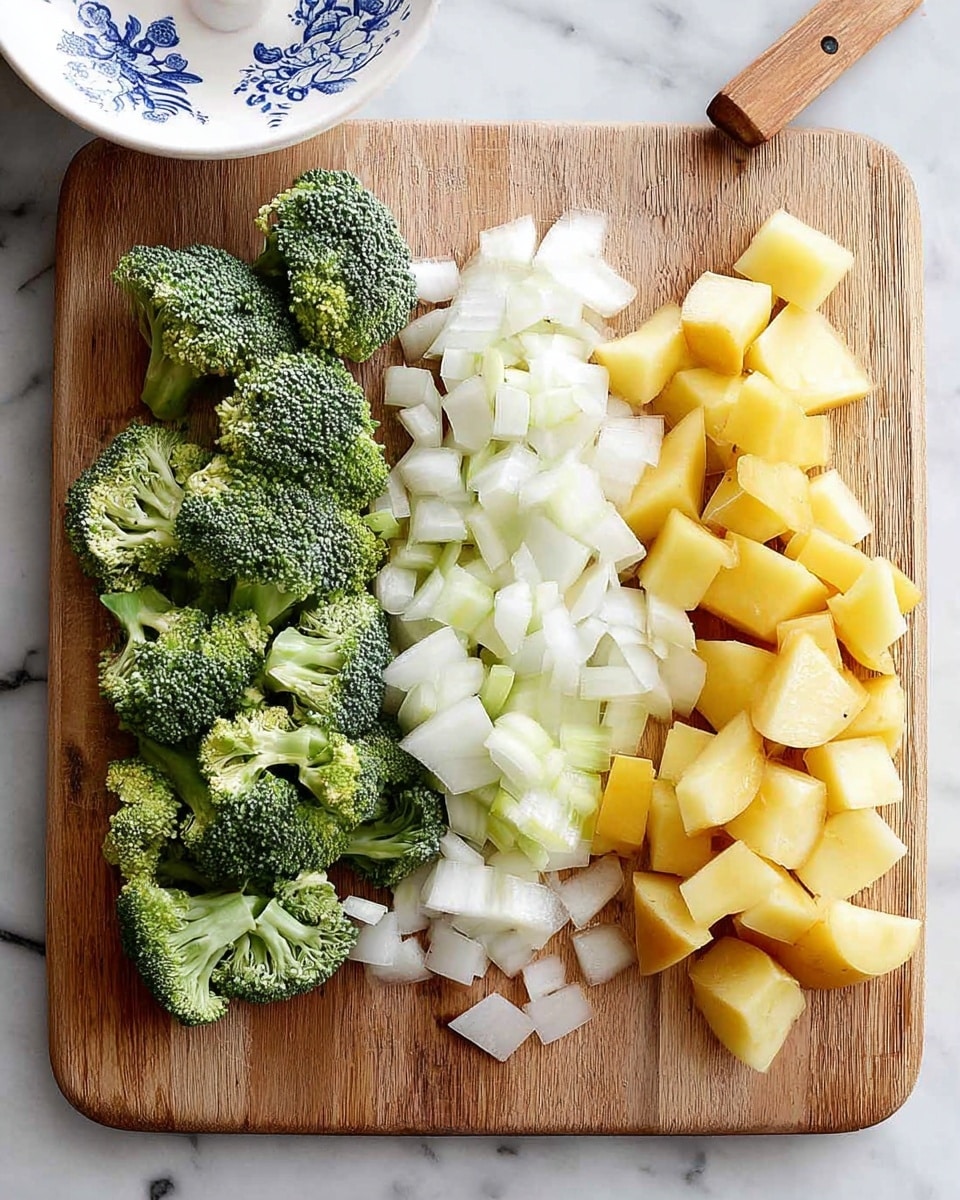 The image shows a wooden cutting board with three piles of chopped vegetables arranged side by side on a white marbled surface. On the left are small broccoli florets with a deep green color and rough texture. In the middle is a pile of diced white onions, with each piece translucent and slightly shiny. On the right are chunks of yellow potatoes, with their smooth skin still on and cut into irregular shapes. A white bowl with a blue floral pattern is partially visible in the top left corner. Photo taken with an iphone --ar 4:5 --v 7
