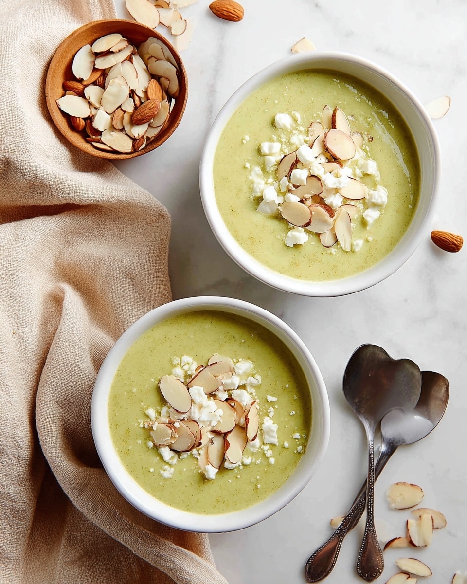 Two white bowls hold a creamy green soup, with a smooth texture and pale green color. Each bowl is topped with small white cheese chunks scattered unevenly on the surface, with thin slices of brown-edged almonds sprinkled on top. The bowls rest on a white marbled surface with some almond slices scattered around them. A soft beige cloth is draped in the background, and a small light brown bowl filled with more sliced almonds sits nearby. Photo taken with an iphone --ar 4:5 --v 7