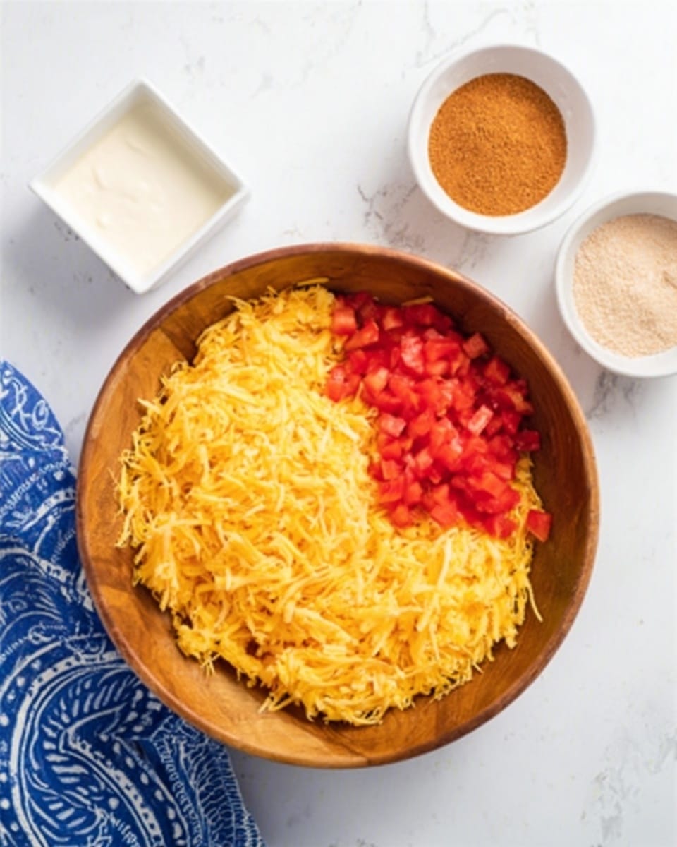 The image shows a large wooden bowl filled mostly with shredded yellow cheese, with a small pile of diced red tomatoes on one side. The bowl is placed on a white marbled surface, and around it, there is a square white container of white sauce on the top left, a small round white bowl with a brown powder on the top right, and another small round white bowl with a light brown powder on the far right. A blue and white patterned cloth is partially visible on the bottom left of the image. The scene is bright and clean, with clear contrasts between the colors of the food and the white marbled surface. Photo taken with an iphone --ar 4:5 --v 7