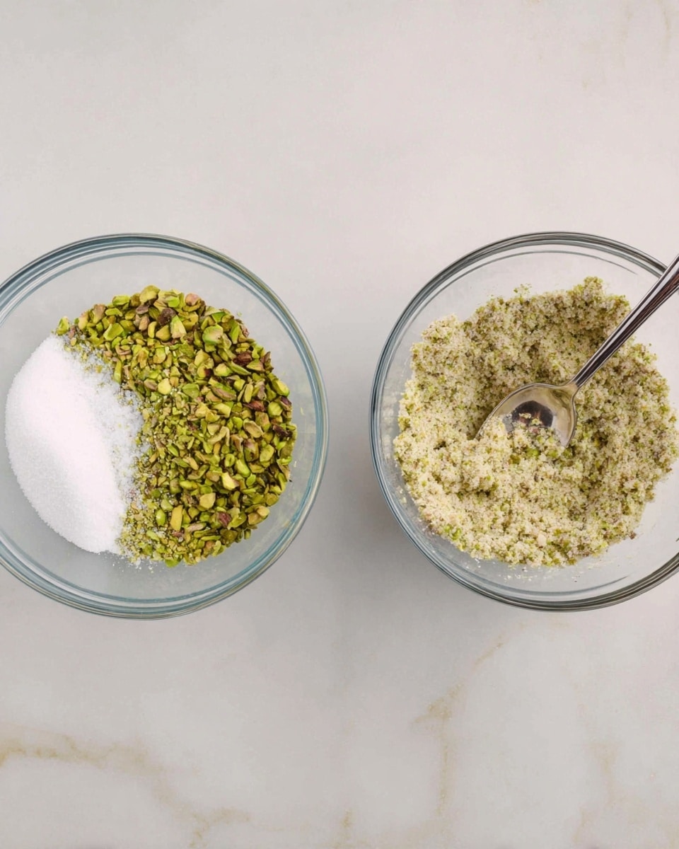 Two clear glass bowls sit side by side on a white marbled surface. The left bowl shows two layers: the bottom half is filled with bright green chopped pistachios, while the top right area contains a white granulated ingredient, likely sugar, creating a sharp contrast. The right bowl displays a single, uniform layer of a mixed texture made by blending the green pistachios with the white granulated ingredient, producing a light greenish-beige mixture with a slightly coarse texture. A silver spoon rests inside the right bowl, partially covered by the mixture. Photo taken with an iphone --ar 4:5 --v 7