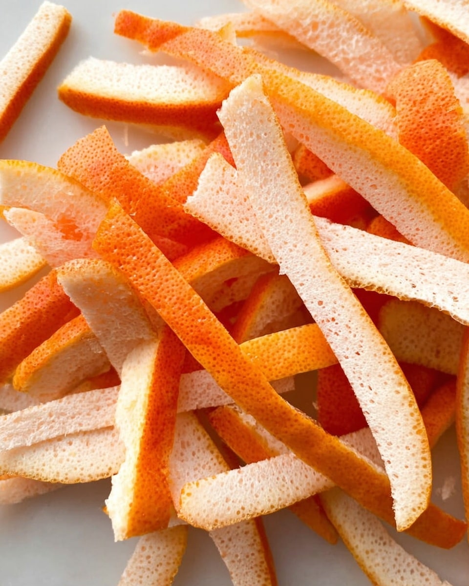 The image shows a pile of thin, long strips of grapefruit peel on a white marbled surface. The peels have two layers: the outer bright orange textured skin and the inner white pith, which looks soft and slightly rough. The strips are scattered unevenly, with some overlapping others, showing a mix of curved and straight shapes. The colors mainly include vibrant orange and pale cream, creating a natural contrast. photo taken with an iphone --ar 4:5 --v 7