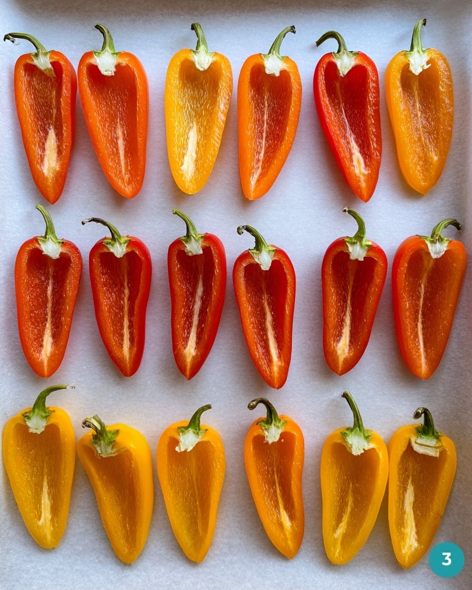 The image shows a flat white baking tray covered with light white parchment paper and arranged with three rows of halved mini sweet peppers; the peppers have red, orange, and yellow colors. Each half has a smooth, shiny texture with the seeds and white ribs removed. The green stems remain on some of the halves, adding a touch of green at the top of the colorful peppers. The peppers are spaced evenly across the tray, creating a neat and colorful pattern. The photo taken with an iphone --ar 4:5 --v 7