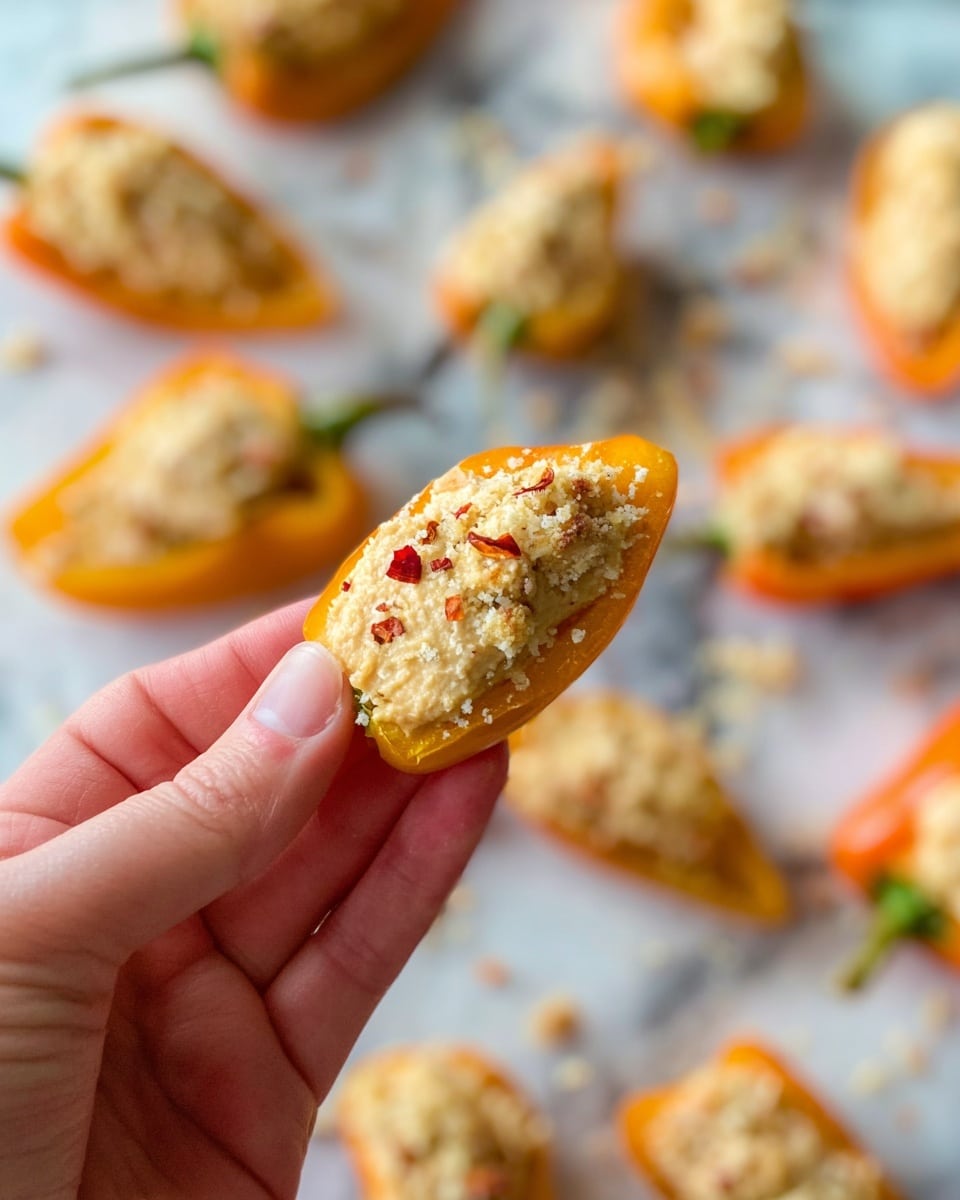 A close-up of a woman's hand holding a single small orange pepper half filled with a creamy, light beige spread and topped with light-colored crumbs and a few small red flakes. In the background, many more orange pepper halves lined with the same spread and crumb topping are scattered on a surface with a white marbled texture, blurred to keep focus on the held piece. The colors mainly show soft orange, creamy beige, and white crumbs with scattered red flakes. photo taken with an iphone --ar 4:5 --v 7