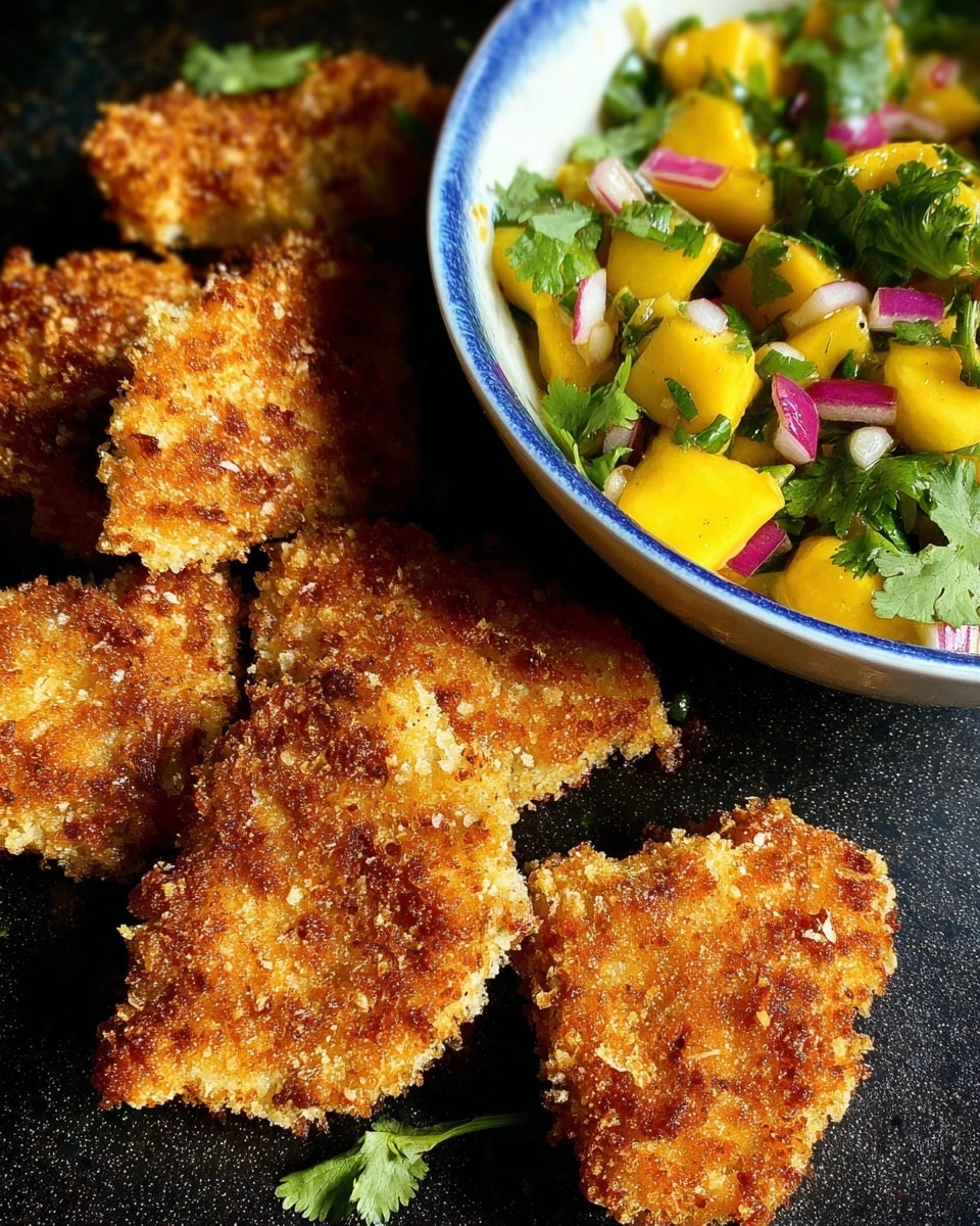 The image shows several golden-brown crispy pieces of fried food with a rough textured crust, arranged on a dark cooking surface. To the right, there is a white bowl with a blue rim, filled with a colorful salad made of yellow mango chunks, green cilantro leaves, and red onion slices. The bright colors of the salad contrast with the warm tones of the fried pieces. photo taken with an iphone --ar 4:5 --v 7