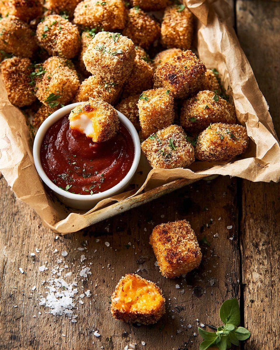 A rustic wooden table holds a white tray lined with brown parchment paper filled with many small golden brown crunchy cubes sprinkled with green herbs. One cube is dipped halfway in a small round white bowl of deep red sauce with a thick texture. Two more crunchy cubes lie outside the bowl on the table, one showing a bright orange soft inside and topped with green herbs, while the other is whole. Coarse salt crystals are scattered on the table near the food. A small green herb leaf adds a fresh touch near the bottom center of the image. photo taken with an iphone --ar 4:5 --v 7