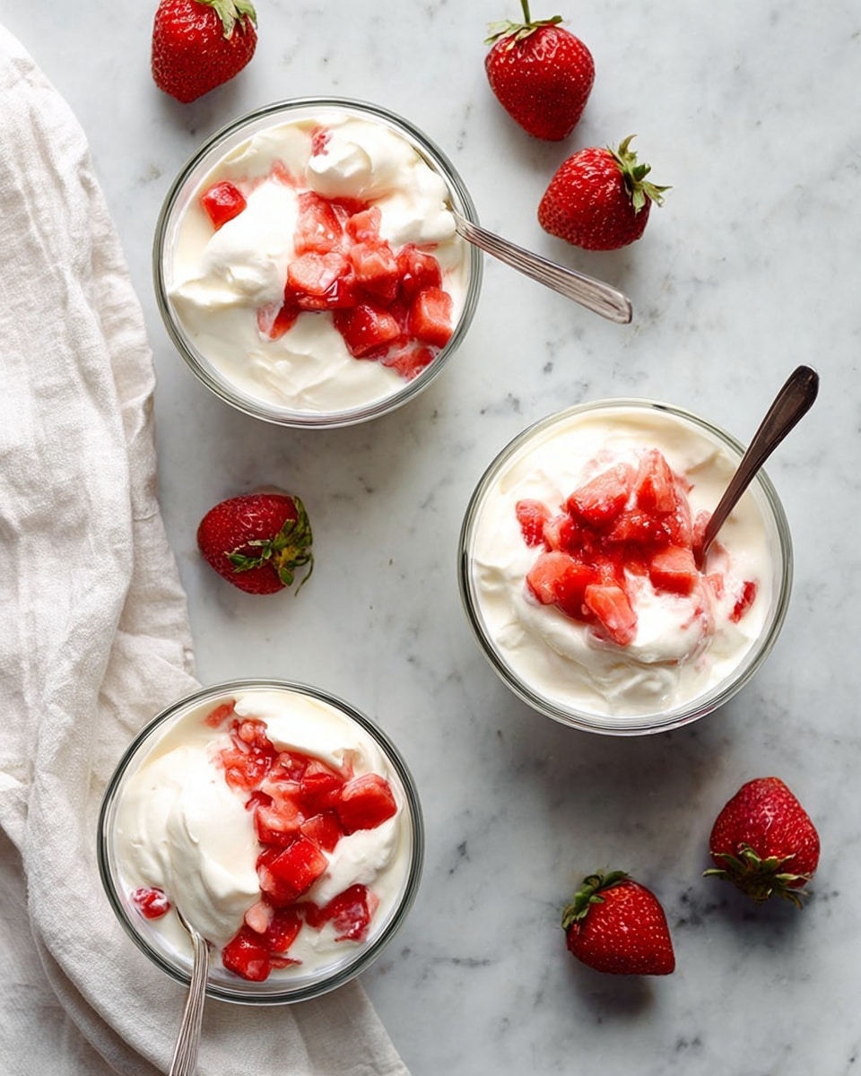 Three glass bowls each contain a creamy white layer of thick yogurt topped with bright red strawberry pieces. The yogurts show a smooth and slightly fluffy texture, with the strawberries scattered unevenly on top. Two of the bowls have silver spoons partially placed inside, gathering the yogurt and berries, while the third bowl is undisturbed. Around the bowls, fresh whole strawberries add a pop of red against the light background. The bowls rest on a white marbled surface with a soft white cloth casually draped to one side. The scene has a fresh and simple look. photo taken with an iphone --ar 4:5 --v 7