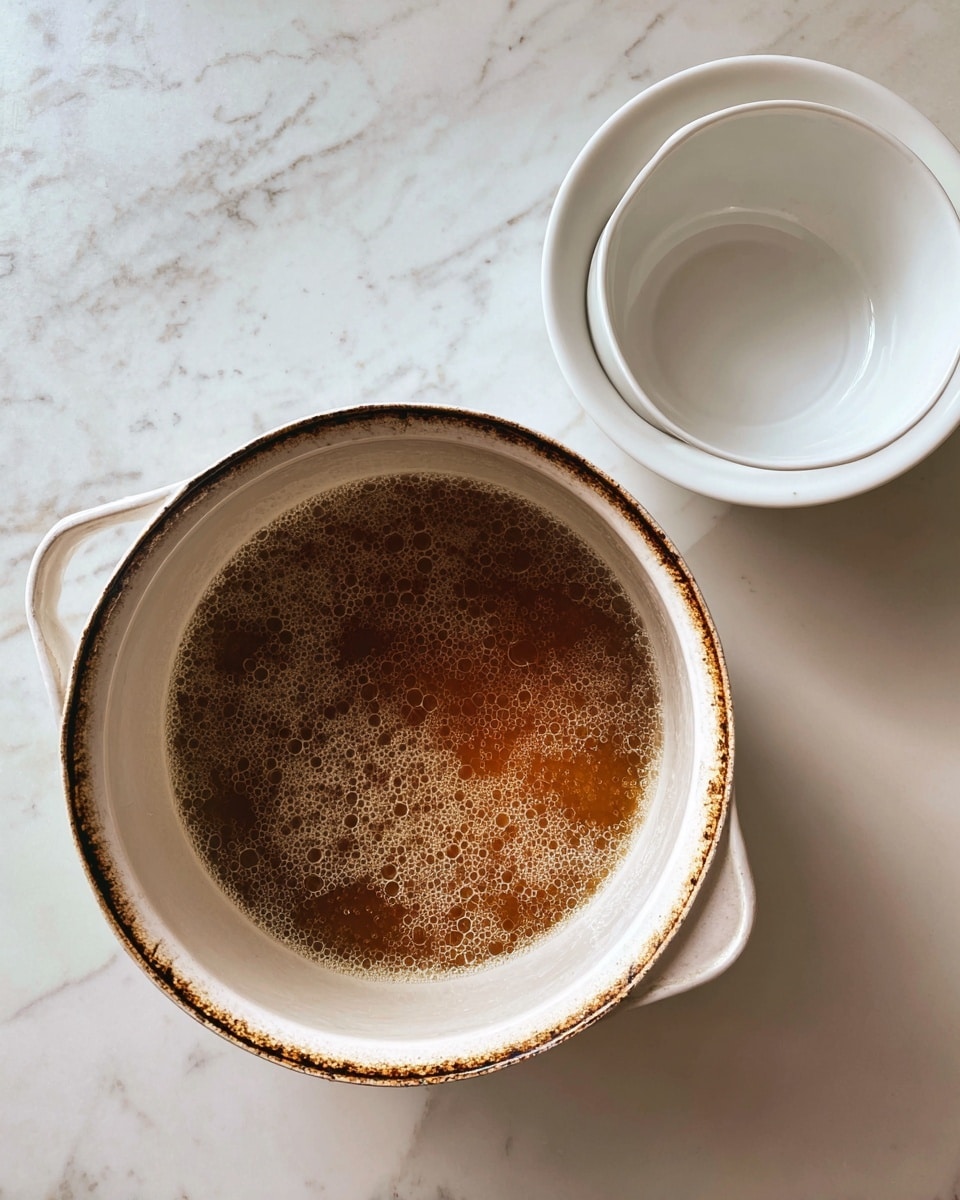 A white pot with darkened edges is sitting on a white marbled surface, filled with bubbling light brown liquid that appears to be boiling. Next to the pot, there is a white bowl that is empty. The scene is simple with soft natural light shining on the pot and the white marbled surface surrounding it. photo taken with an iphone --ar 4:5 --v 7