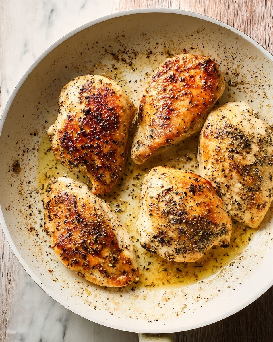 A white frying pan holds four golden brown, cooked chicken pieces with a speckled look from black pepper and herbs. The chicken has a shiny, slightly oily surface with light browning on top and edges. The pan shows some cooked drippings and browned spots, adding texture around the chicken. The background is a white marbled texture. photo taken with an iphone --ar 4:5 --v 7