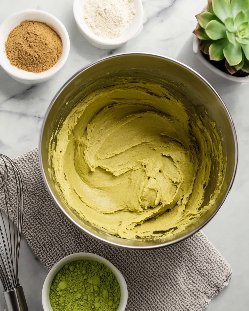 The image shows a metal mixing bowl containing a thick, smooth greenish-yellow dough in the center, with streaks of the dough spread along the inner sides of the bowl. The bowl sits on a light gray textured cloth on a white marbled surface. Nearby, there are two small white bowls, one filled with a light brown powder and the other with a bright green powder. At the top right corner, a small green succulent plant adds a touch of natural color. A metal whisk rests beside the cloth, completing the scene. Photo taken with an iphone --ar 4:5 --v 7