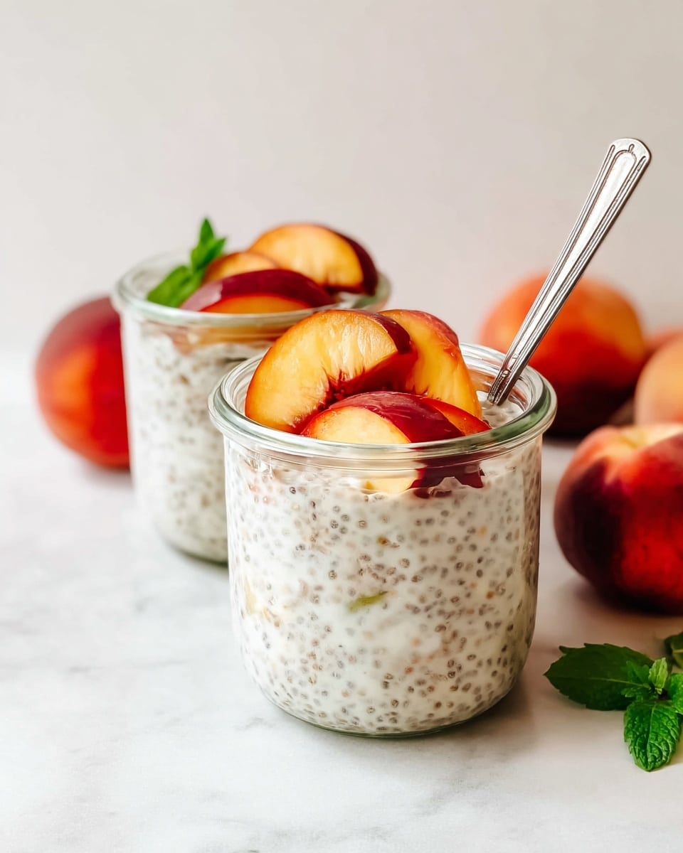 Two small clear glass jars filled with white chia seed pudding that has tiny black seeds spread evenly inside. Each jar is topped with a few small pieces of red and yellow peach slices arranged on top. One jar has a silver spoon sticking out from the middle of the pudding. The jars sit on a white marbled surface with two whole peaches blurred softly in the background. A small green mint sprig lies in front near the base of the jars. The photo taken with an iphone --ar 4:5 --v 7