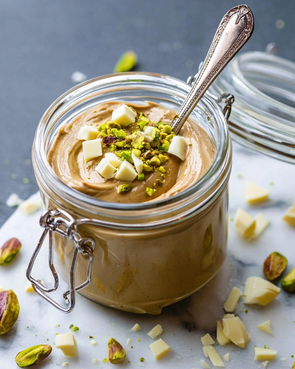 A clear glass jar filled with a thick, smooth light brown paste, topped with small chunks of bright green pistachios and white chocolate shavings. A silver spoon is dipped into the jar from the right side. The jar is sitting on a white marbled surface with scattered pistachios and white chocolate pieces around it. The jar has a metal clasp on the front and a hinged, open glass lid behind it. Photo taken with an iphone --ar 4:5 --v 7