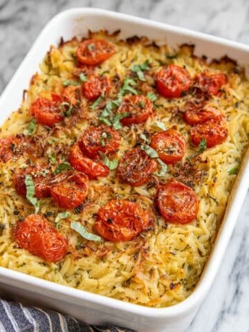 Baked Orzo with Artichokes, Tomatoes, and Halloumi Recipe