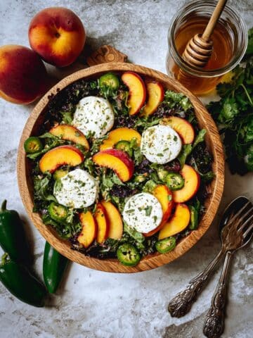 Peach and Burrata Salad with Candied Jalapenos and Honey Lime Vinaigrette Recipe