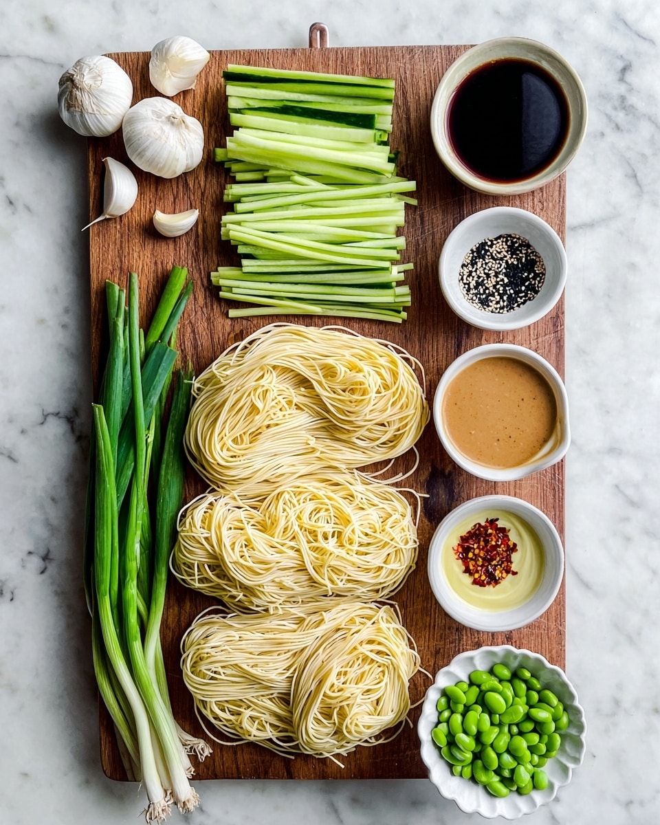 The image shows a wooden cutting board on a white marbled surface, with three neat bundles of uncooked light yellow noodles at the bottom center. Above the noodles are two long bright green onions, and above those, several stacks of thin, green cucumber sticks arranged in rows. Two garlic cloves sit at the top left of the board. To the right of the board, on the white marbled surface, there are nine small white bowls arranged in a loose grid: from top to bottom, a bowl of light brown peanut sauce, a bowl of black and white sesame seeds, a dark soy sauce bowl, a light tan creamy sauce, a pale yellow liquid, finely chopped garlic, white salt, fresh green edamame, and crushed red pepper flakes in a small scalloped white bowl. Photo taken with an iphone --ar 4:5 --v 7