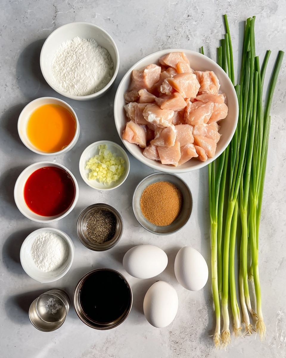 The image shows various ingredients neatly arranged on a white marbled surface. On the right, a white bowl is filled with raw, light pink, cubed chicken pieces. Next to it are fresh green onions with long green stalks and white roots lying flat. In rows to the left, there is a small white bowl containing bright orange liquid, a larger white bowl filled with white powder, and a small white bowl with red sauce. Below them are a small metal bowl holding brown sugar, a small white bowl filled with chopped garlic, and a small white bowl with dark soy sauce. Two white eggs are placed below the center, surrounded by a small metal bowl of black pepper, a small metal bowl filled with white granulated sugar, and a small metal cup with a clear liquid. The colors are natural and the textures clear against the clean white marbled background. photo taken with an iphone --ar 4:5 --v 7