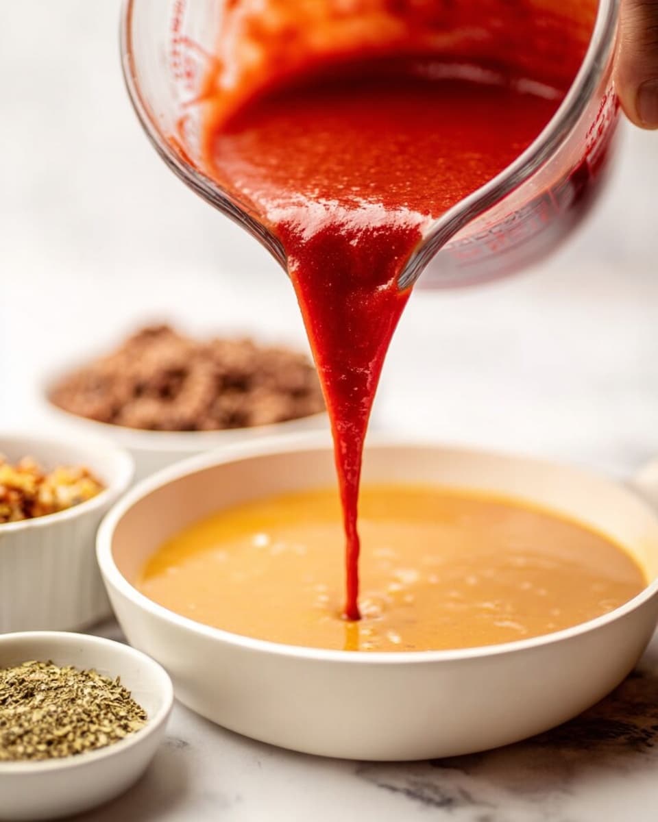 A woman’s hand is pouring a thick, bright red sauce from a clear glass measuring cup into a white pan filled with a smooth, pale yellow sauce that has small bits in it, on a white marbled surface. In the blurry background, there are two white bowls: one with crumbled brown cooked meat and the other with a small pile of green dried herbs. The scene is bright with soft light highlighting the pouring motion and the textures of both sauces. photo taken with an iphone --ar 4:5 --v 7
