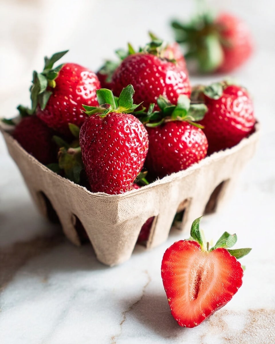A small cardboard container filled with bright red strawberries with green leafy tops is set on a white marbled surface. In the foreground, one strawberry is cut in half, showing its juicy red inside and seeds, placed near the container. The strawberries have a fresh, slightly shiny texture and are packed closely inside the container. The scene is well-lit, highlighting the natural bright colors of the strawberries. photo taken with an iphone --ar 4:5 --v 7