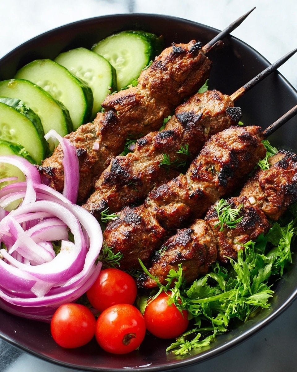 The dish shows six grilled meat skewers with visible char marks and a textured, slightly rough surface, arranged diagonally in a black bowl on the right side. To the left of the skewers, there are several bright green cucumber slices, thick and smooth in texture. Below the cucumbers, thinly sliced rings of red onions form a loose flower shape, showing a mix of white and purple layers. At the bottom front of the bowl, small whole red cherry tomatoes appear shiny and smooth. Green leafy parsley fills the background space under and behind the skewers, adding a fresh, bright green contrast. The bowl sits on a white marbled surface. photo taken with an iphone --ar 4:5 --v 7