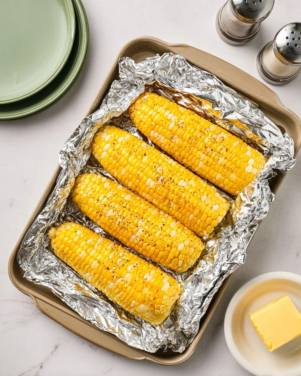 The image shows four ears of cooked corn wrapped loosely in shiny, crumpled aluminum foil, arranged side by side in a light brown baking pan. Each ear of corn is bright yellow with some white kernels, and sprinkled with black pepper. The pan is placed on a white marbled surface, with parts of three stacked green plates visible in the top left corner and a salt and pepper shaker set in the top right. At the bottom right, there is a small white dish with a yellow block of butter. The overall scene is clean and bright, highlighting the corn as the main focus. photo taken with an iphone --ar 4:5 --v 7