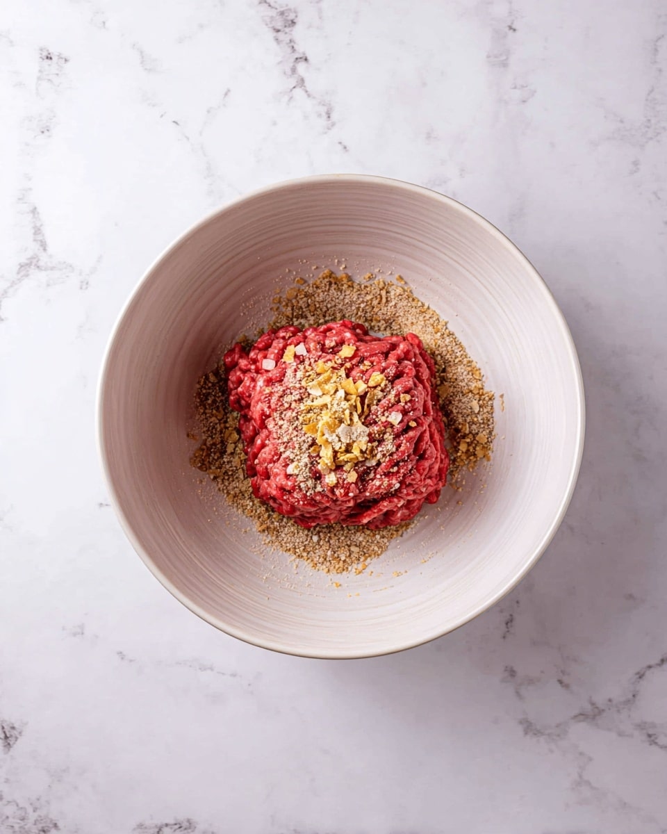 A white bowl sits centered on a white marbled surface, filled with a block of bright red ground beef at the bottom. On top of the beef is a single layer of mixed seasoning, which includes light tan crumbs and small pieces of dried onion and yellow flakes, spread neatly in the middle. The bowl has a smooth texture with light scratches inside. Photo taken with an iphone --ar 4:5 --v 7