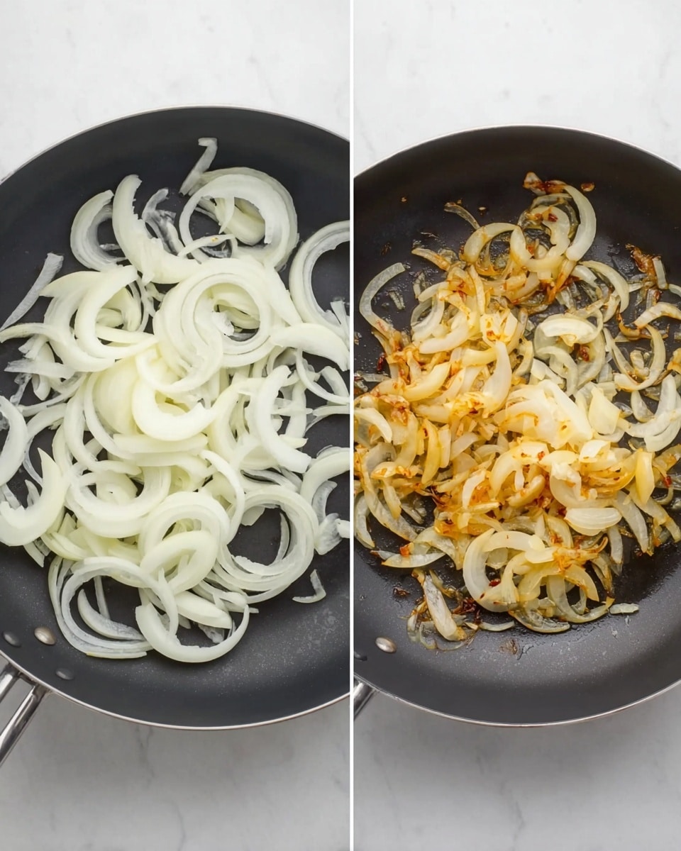 The image shows two black frying pans on a white marbled surface, each with sliced onions inside. The first pan on the left holds raw white onion slices, arranged loosely with their natural curved shapes visible and some pieces overlapping, showing a fresh and crisp texture. The second pan on the right contains the same onions but now cooked to a light golden-brown color with some edges slightly darker, giving a caramelized and softer appearance, spread more evenly across the pan bottom. photo taken with an iphone --ar 4:5 --v 7
